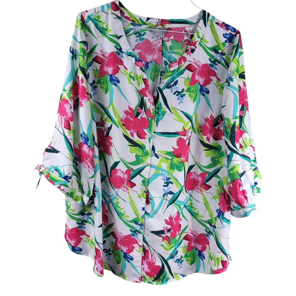 Catherines Top 1X Button Up 3/4 Sleeve Lightweight Womens Blouse Never Worn